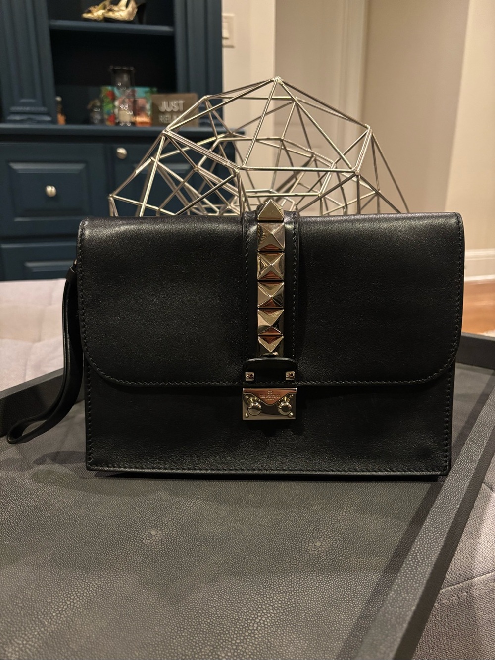 Black Leather Stud-Accent Crossbody Bag